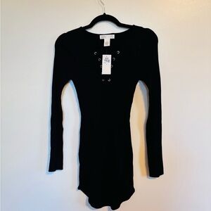 NWT planet gold black long sleeve ribbed bodycon dress with lace up detail at th